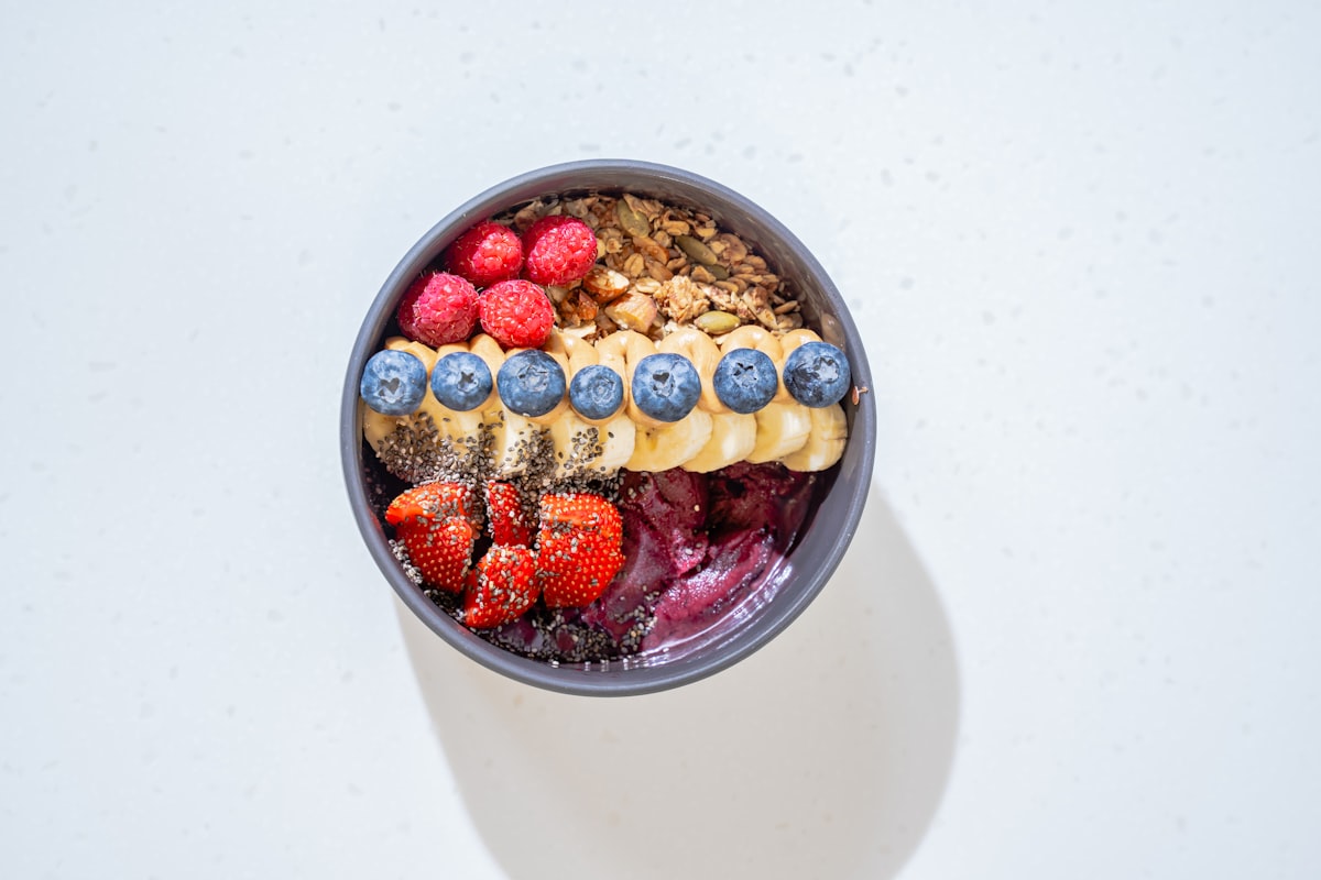 Balanced breakfast bowl with whole grains and berries